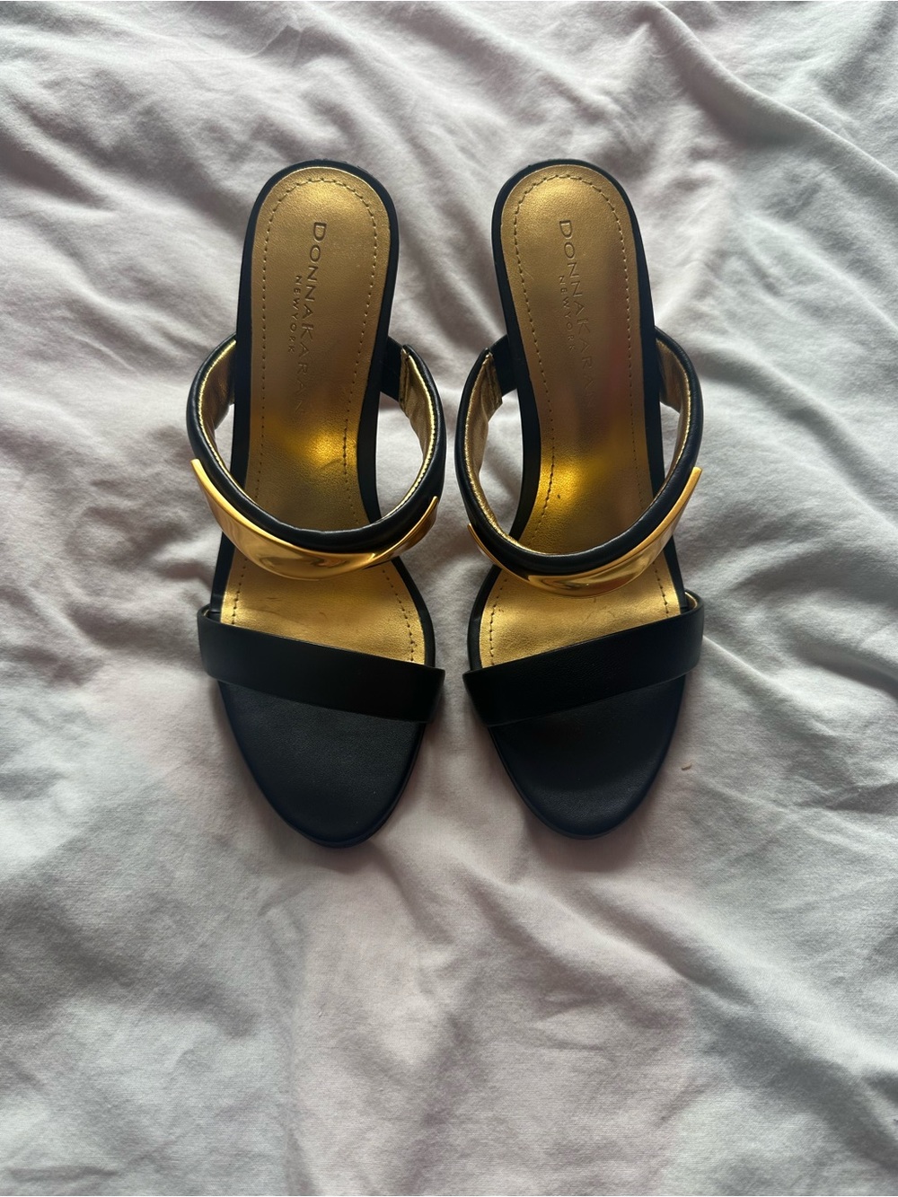 Donna Karan Viral Gold Cuff Heels Black Leather Mule Sandals Size 6.5